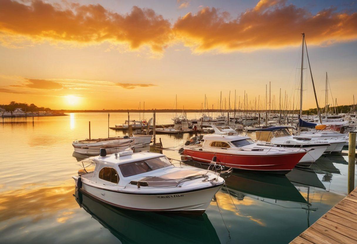 A serene marine landscape with a diverse array of boats anchored safely at a harbor, alongside a checklist of essential boat insurance coverage options displayed prominently. The sun set in the background casting golden hues over the water, creating an inviting atmosphere. Illustrate a friendly insurance agent explaining policies to a couple at the dock. super-realistic. vibrant colors. tranquil background.