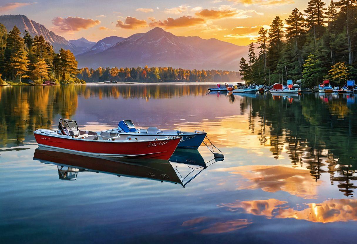 A serene lake scene with a variety of boats gently floating, showcasing both premium and recreational types. Include a sunset reflecting off the water, while a family enjoys a day out on a brightly colored boat. Overlay illustrations of insurance documents and protection symbols subtly in the foreground, symbolizing security and passion for boating. super-realistic. vibrant colors. tranquil atmosphere.