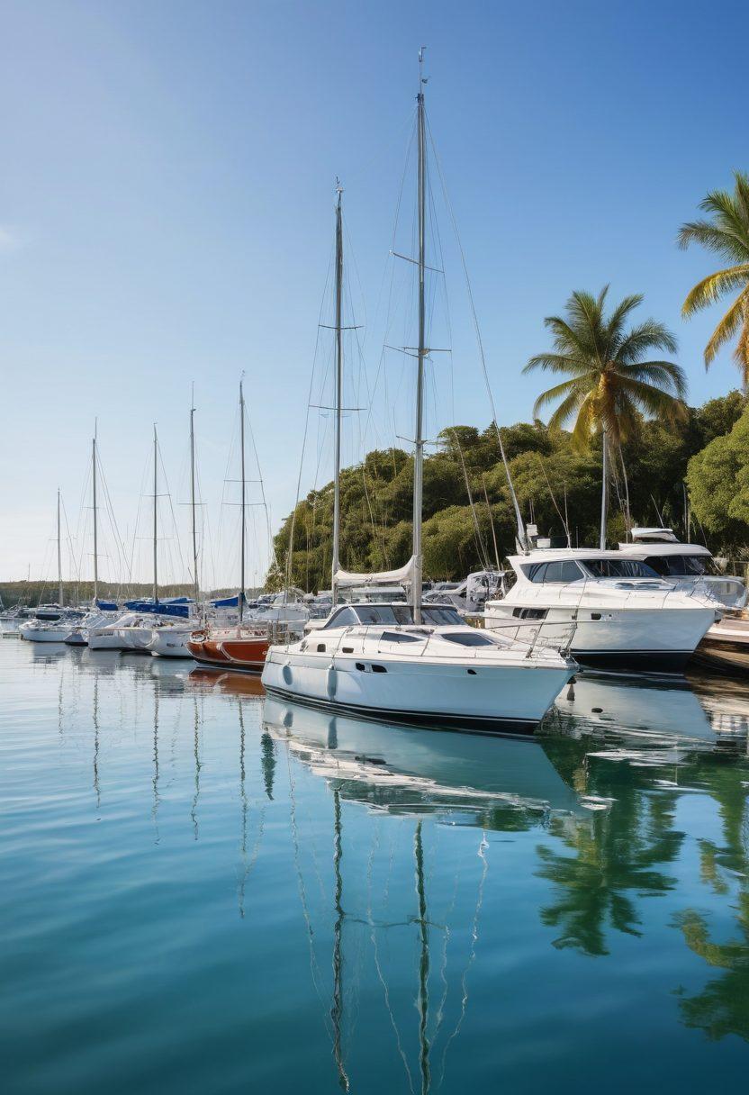 A serene marina filled with various types of watercraft, from classic sailboats to luxurious yachts, under a clear blue sky. The scene should depict a variety of boat designs, showcasing their unique features and charm. Include vibrant reflections on the water and lush greenery in the background to enhance the nautical ambiance. super-realistic. vibrant colors. white background.